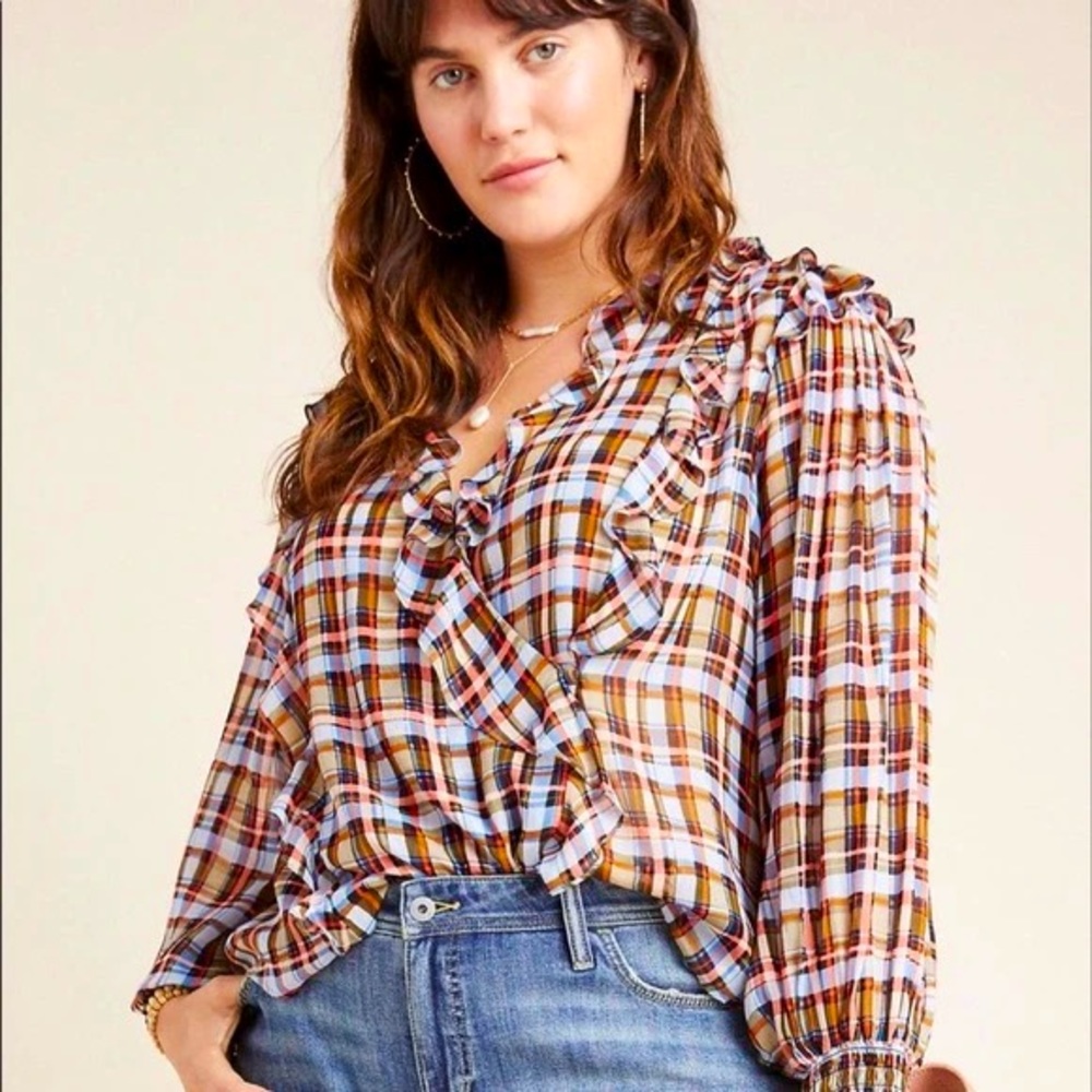 Anthro Maeve Plaid Ruffle Long Sleeve Blouse Top - Picture 3 of 15
